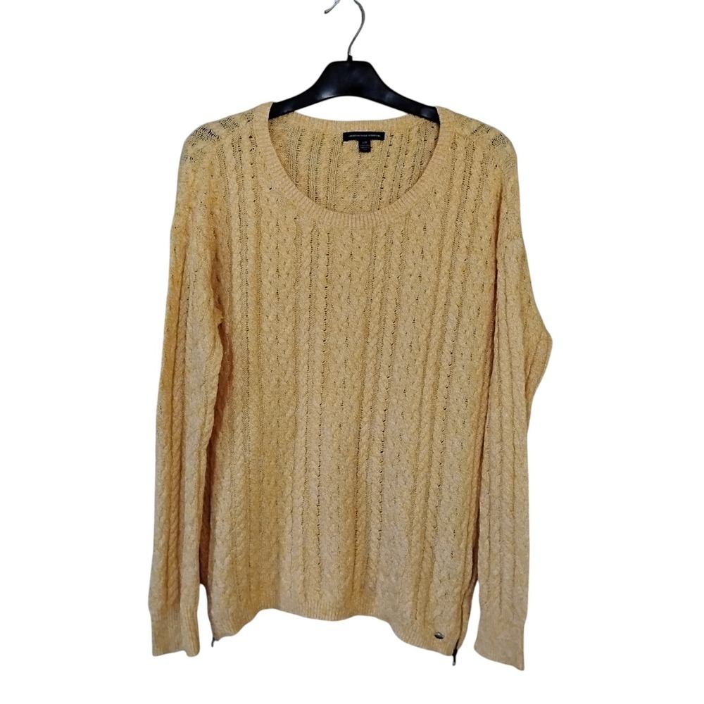 American Eagle Mustard Yellow Cable Knit Sweater Side Zip Pullover Large